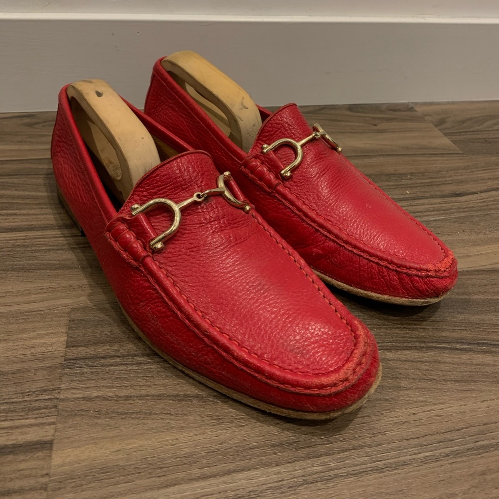 Red leather Italian Loafers with gold buckles